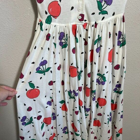 VTG 90s Fruit Print Midi Dress Womens S White Knit Cotton Blend Fit Flare - Picture 6 of 11